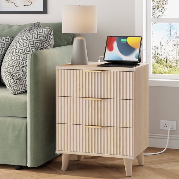 Laintene 3-Drawer Dresser for Bedroom, Nightstand with Charging Station - Modern Fluted with Solid Wood Legs, 2 AC Outlets & 2 USB Ports, Small End Table with Storage, Natural