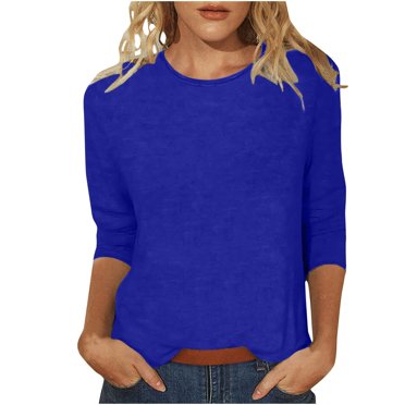 WTXUE T-Shirts 3/4 Sleeve, Crew Neck Shirts for Women's Slim T Shirt Top Cotton Solid Casual Tops for Women Dark Blue XXL