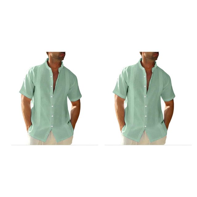 pitrice Men Shirt Casual Short Sleeve Breathable Replacement Button Down Solid Color Fashionable Home Dating Shirts Top Green XL 2Set