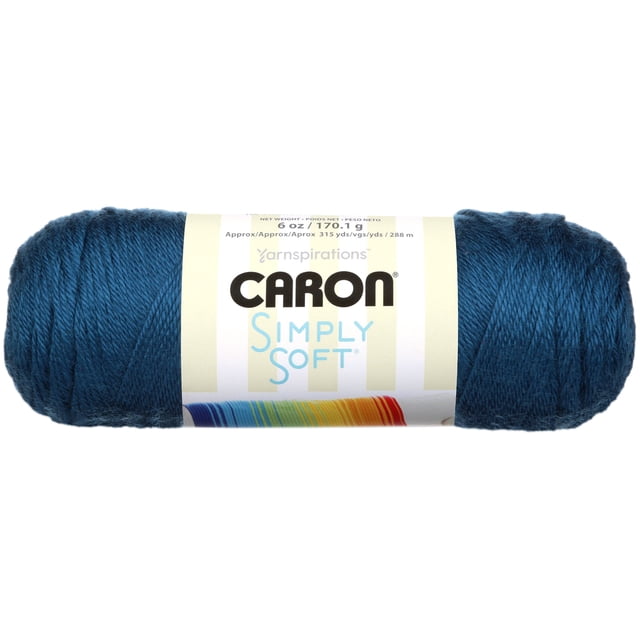 Caron Simply Soft Yarn, acrylic #4 medium worsted weight, 6 oz (170 g), 315 yards, deep blue with a smooth, lustrous sheen, wrapped in a label showing brand and product info, machine washable and dryable, ideal for knitting and crochet garments, accessories, and home decor.