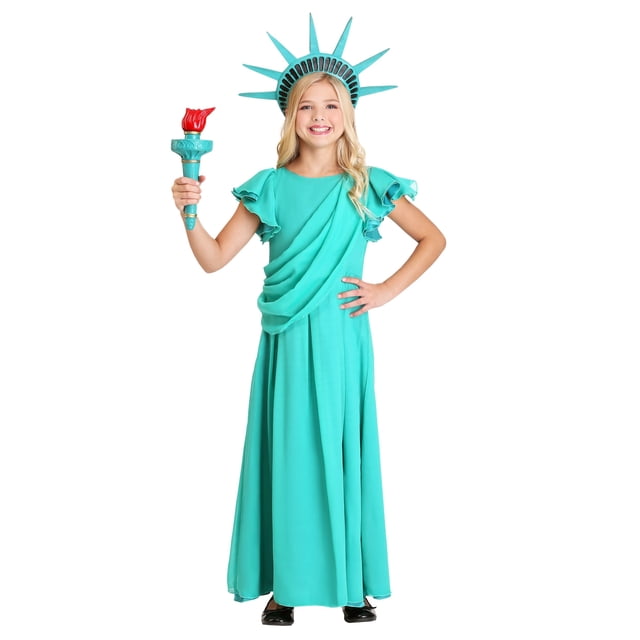 Costume Statue of Liberty pour Fille avec une Robe Sarcelle avec une Couche de base en satin et une Superposition en Mousseline, une Ceinture en Mousseline Drapée sur l'Épaule Gauche et des Manches à Volants. Comprend une Couronne en Mousse avec une Bande Élastique et une Torche en Mousse de 12 Pouces avec un Détail de Flamme Rouge. Conçu pour les Filles, Idéal pour les Célébrations de l'Halloween Ou du 4 Juillet.