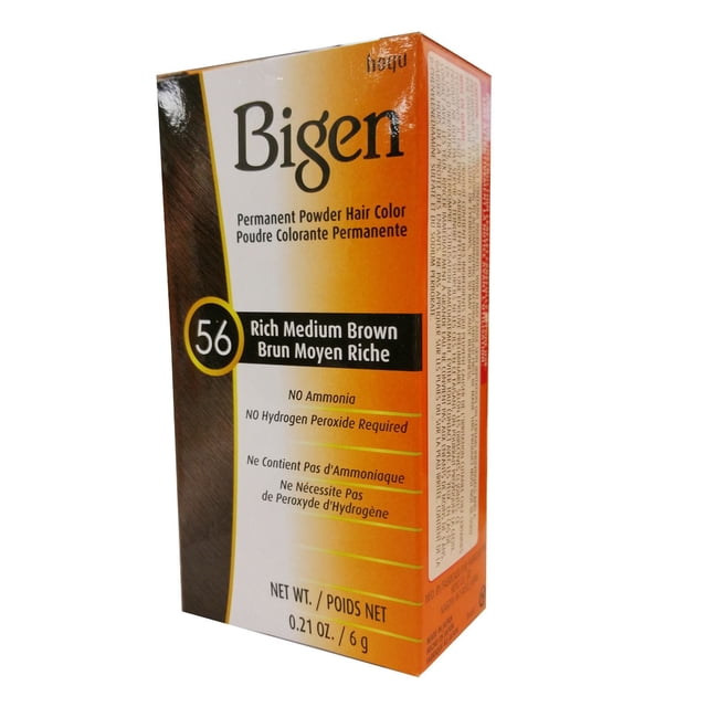 Bigen Permanent Hair Colour Powder in Rich Medium Brown shade 56, a small rectangular box with orange and brown gradient packaging, labeled no ammonia and no hydrogen peroxide required, net weight 0.21 oz (6 g), designed for gentle permanent hair colouring with natural, smooth finish and 100% grey coverage.