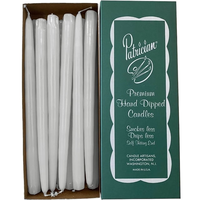 Patrician Hand Dipped Taper Candles 12 Pack White, featuring 12-inch tall dripless and smokeless candles with a traditional cotton wick. The candles are unscented, clean-burning, and have a self-fitting end. Packaged in a green box with branding details, ideal for decorative or ritual use. Made in the USA.
