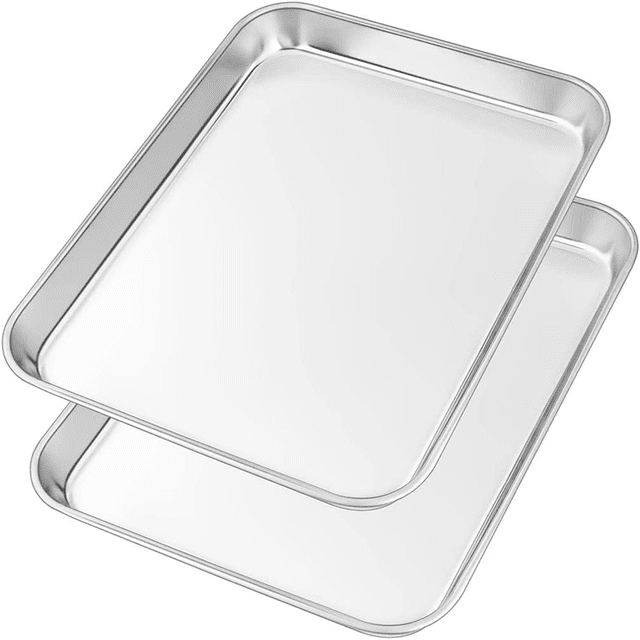 CNKOO Toaster Oven Pans Set of 2 Stainless Steel Toaster Oven Tray Rectangle Size 9 x 7 x 1 inch Rust Free & Deep Edge Thick & Sturdy Easy Clean & Dishwasher Safe