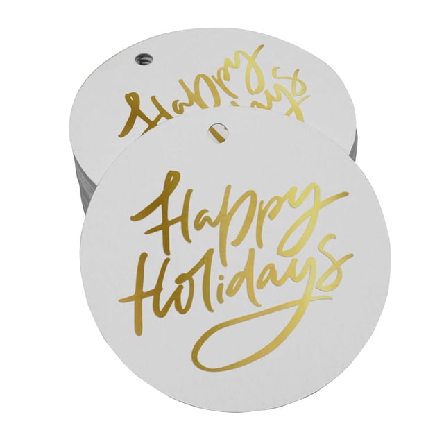 Inkdotpot 100 Pack Happy Holiday Favor Paper Tags Craft Real Gold Foil Hang Tags