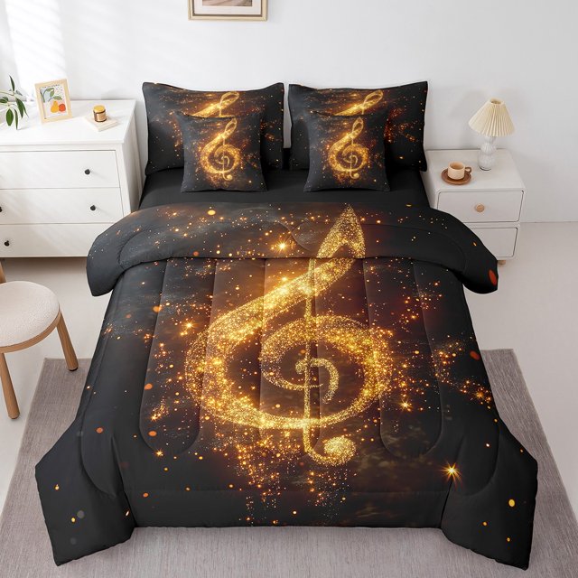 Ensemble de Literie Note de Musique en Sac 7 Pcs, Ensemble de Literie Thème Musique Mode Pailleté Étoilé, Couette Imprimée Sequins Dorés Néon Romantiques (Pas Réels) avec Drap-Housse, Drap Plat, Taie d'Oreiller, Housses d'Oreiller, Grand