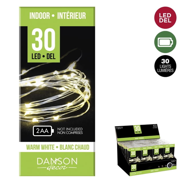 Guirlande Lumineuse Microdot avec 30 Lumières DEL Blanc Chaud sur Fil Argenté Fin pour Usage Intérieur, Alimentée par 2 Piles AA (Non Incluses), Emballée dans une Boîte Danson Decor Verte et Noire Idéale pour l'Éclairage Ambiant à la Maison.