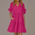 thumbnail image 2 of Robe Midi Évasée à Étages Décontractée pour Femmes, à Volants, Manches Courtes, Col en V, Ligne A, Ample, Robes d'Été Fluides, Robe Chemise Évasée Mini avec Poches, 2 of 6