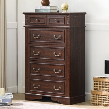 FIAKOA Commode de 48” de Hauteur à 6 Tiroirs pour Chambre, Coffre de Rangement Style Ferme pour Salon, Brun Noyer