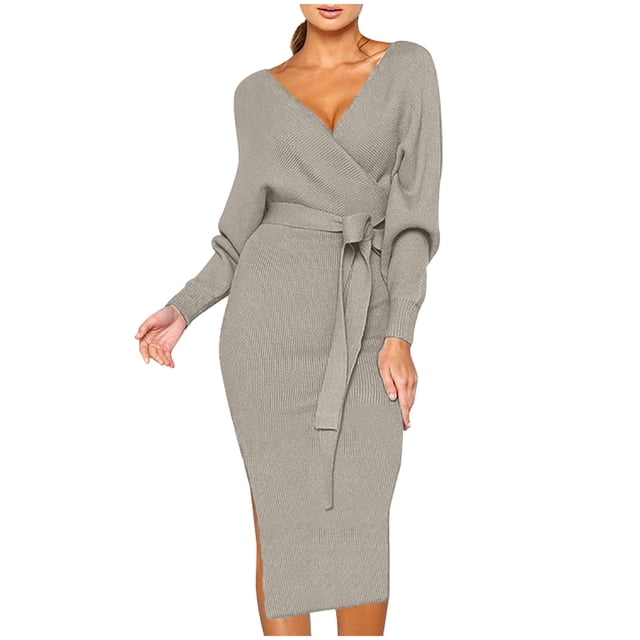 RKSTN Robe Chandail pour Femmes Mode Tricotée à Manches Longues à Col en V Aguichant Moulante aux Hanches Chaude Robe Maxi Couleur Unie Ajustée Robes d'Automne pour Femmes 2023