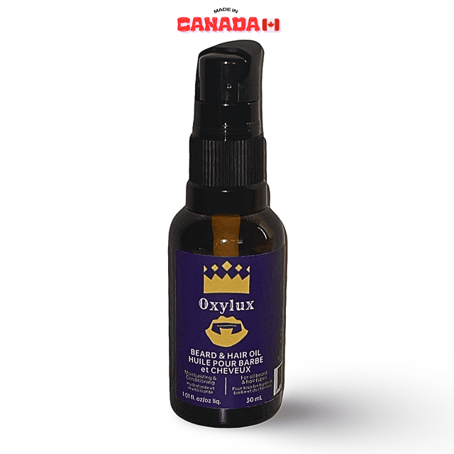 Oxylux Beard Oil, a premium beard conditioner in a 30 mL bottle with a pump dispenser, ideal for men's grooming and beard care. Infused with a fresh rosemary scent, it moisturizes, detangles, and softens beard strands while preventing itch and dandruff. The bottle features a sleek black and purple design with gold accents and branding.