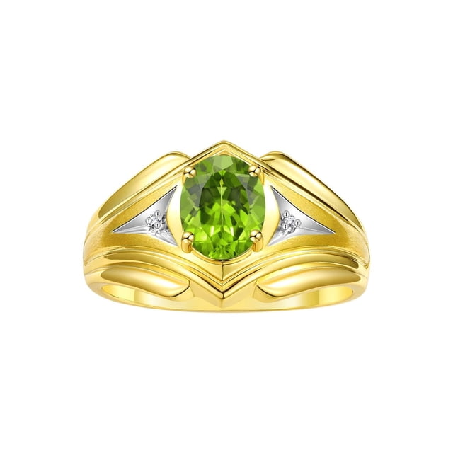 RYLOS Men's Rings Yellow Gold Plated Silver Rings Classic Designer Style 9X7MM Gemstone & Diamond Ring Peridot August Birthstone Rings For Men, Size 12