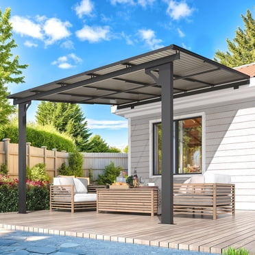 AECOJOY 10' x 10' Adjustable Height Wall Mounted Gazebo Pergola, Lean-to Metal Awning with Sloped Roof, Outdoor Shelter for Patio, Deck, Backyard, Black