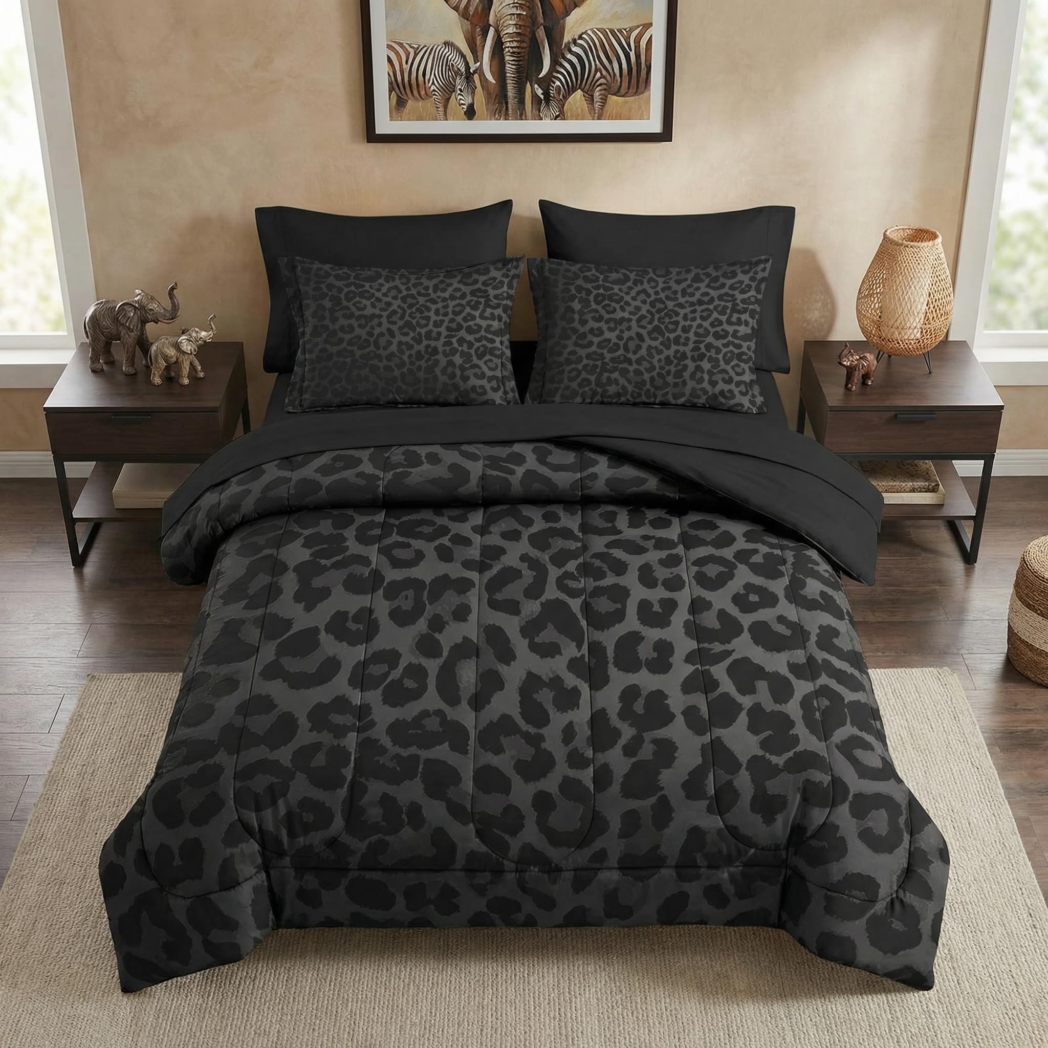 Nesker 7 Pcs Comforter Set Queen Size, Leopard Print Wild Animal Bedding Set for Kids and Adults, Black Grey African Cheetah Wildlife Sheets Bed Sheet Sets with Fitted Sheet 2 Pil