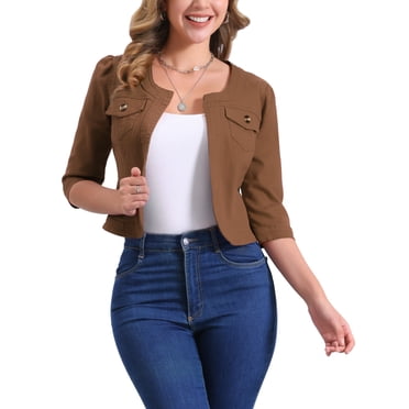 INSPIRE CHIC Women's 3/4 Sleeves Collarless Cropped Denim Jean Jackets Brown S