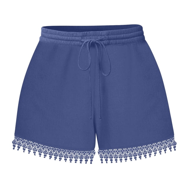 FAIWAD Women‘s Lace Trim Shorts Elastic Waist Short Pants with Pockets Drawstring Sports Solid Color Shorts