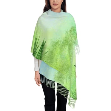 Foulard à Franges pour Femmes, Long Châle Vert Herbe de Printemps, Léger et Chaud