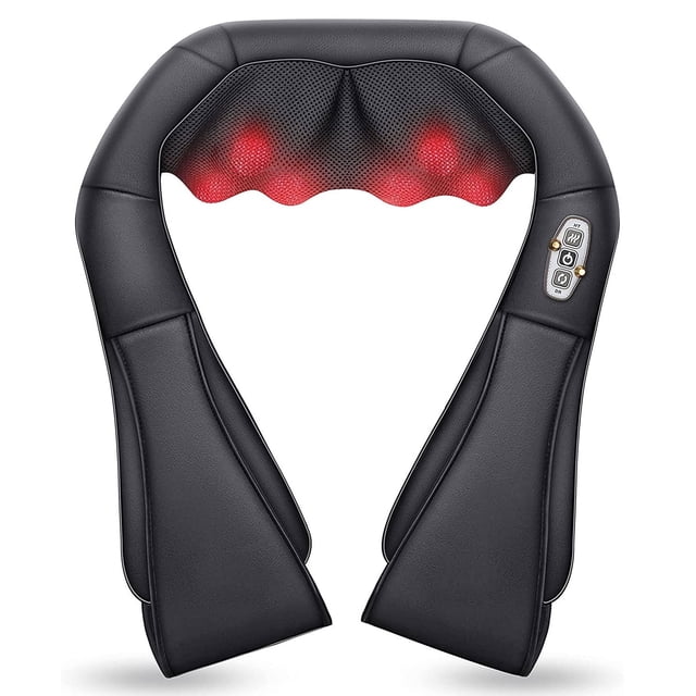 Comfier Shiatsu Shoulder & Neck Massager with Heat, featuring a U-shaped ergonomic design in black. The massager includes 4D deep kneading rollers with red heat nodes visible through the mesh fabric, providing targeted relief for neck, shoulders, and back. A control panel on the side offers easy access to power, heat, and rotation settings. Suitable for home, office, or travel use, it comes with home and car adapters for added convenience.