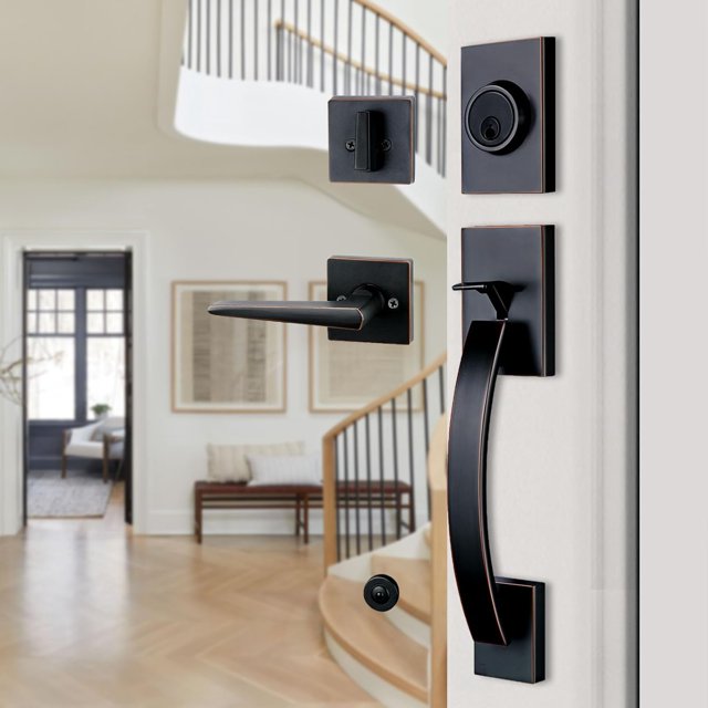 Front Double Door Traditional Style Keyed Entry Door Handleset with Lever Handle in Matte (Keyed and Dummy Set) MDHSTDBSETBR
