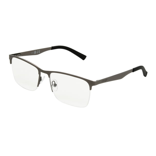 Wrangler Outskirt Men's Reading Glasses with square semi-rim matte grey stainless steel frame, adjustable nose pads, spring hinges, and black rubber temple tips. Features fully magnified, scratch- and impact-resistant acrylic lenses for clear reading vision.