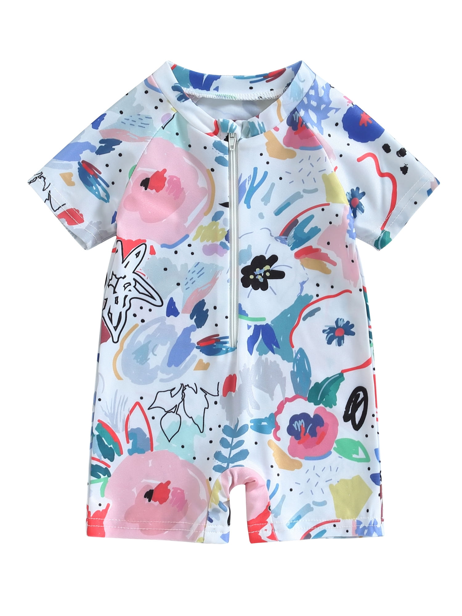 SUNSIOM Baby Infant Girls Boys Watercolour Print Swimsuit Short Sleeve Zip Up Rash Guard Playsuits Sun Protection Bathing Suit
