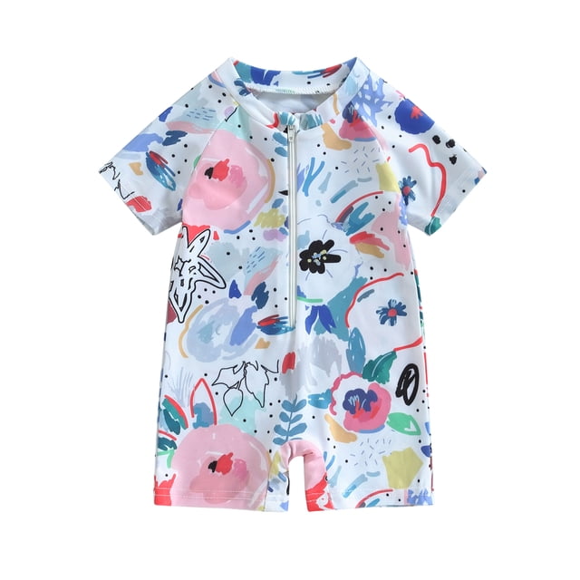 xiaxaixu Baby Girls Boys Rash Guard Swimsuit Playsuits Watercolour Print Zipper Short Sleeve Sun Protection Bathing Suit