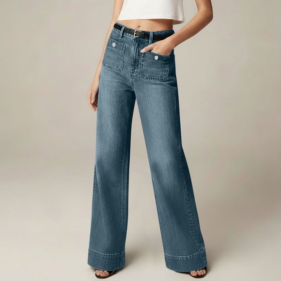 Mceream Sailor Tummy Control Wide Leg Jeans, Womens Denim Slimming Tummy Control Sailor Wide Leg Trouser Jeans Blue L
