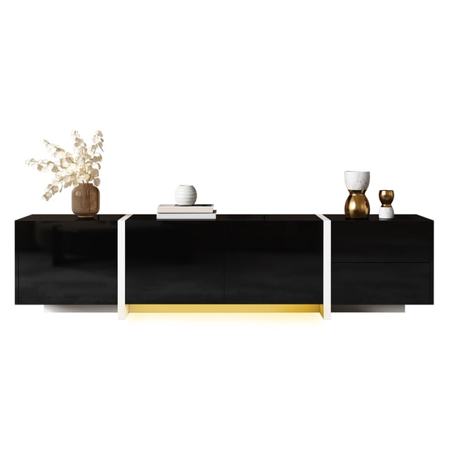Homy Casa TV Stand with Black Gloss Fronts, LED Strip, Drawers & Cabinets