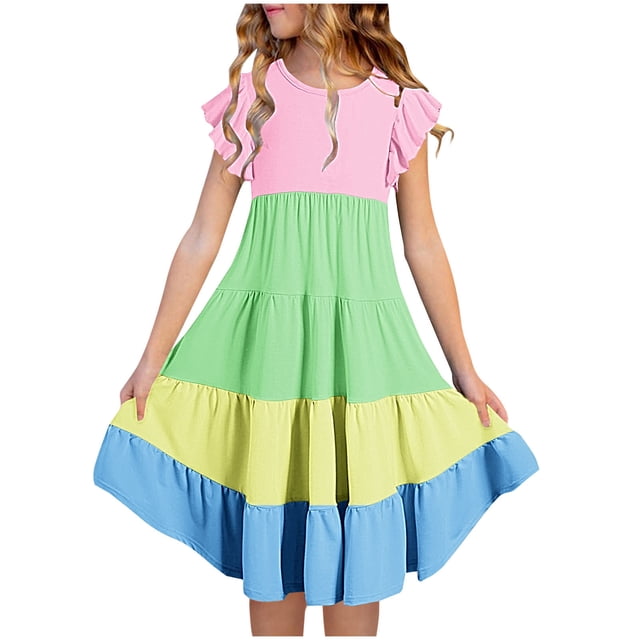 Plebaso Robes d'Été Décontractées pour Bébés Filles à Manches Volantées, Col Rond, Couleur Unie, Robe à Volants, Vêtements de Mode pour Filles