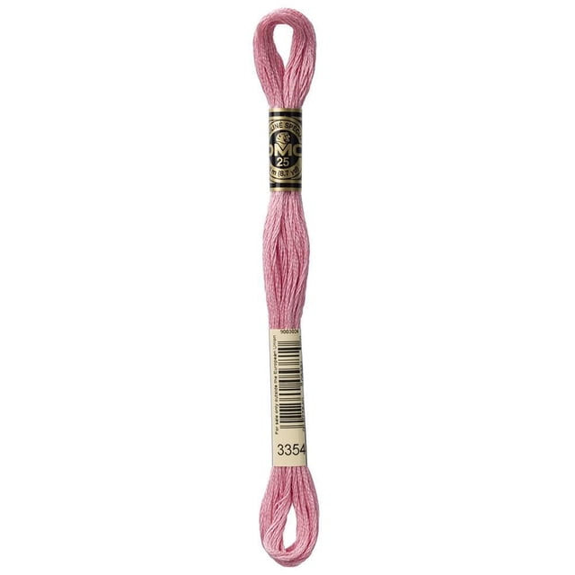DMC Pink Cotton 6 Strand Floss 8m showing a skein of soft pink embroidery floss made from 100% long staple Egyptian cotton with double mercerized sheen, wrapped with black and beige labels displaying brand and product codes, ideal for cross-stitch, needlepoint, and scrapbooking with colorfast, fade-resistant quality.