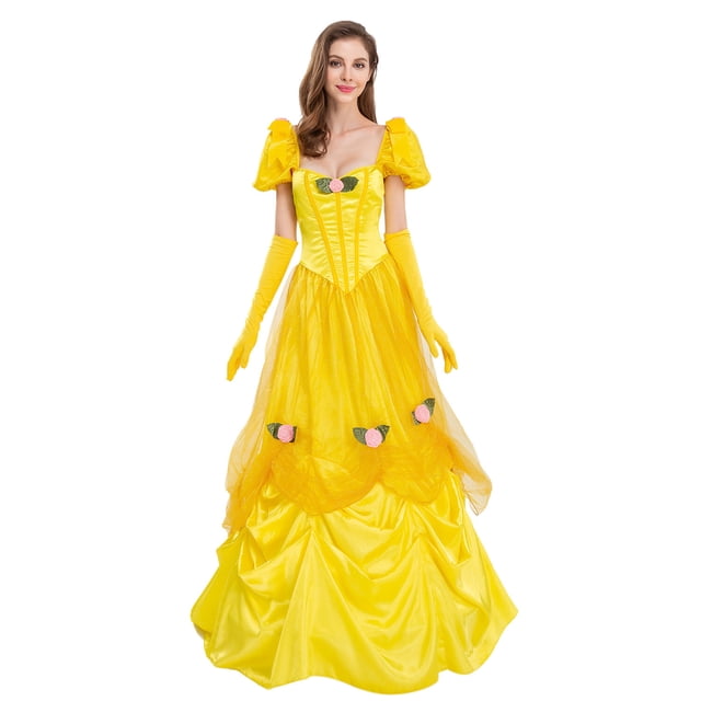HAWEE Womens Princess Belle Dress Layered Halloween Party Yellow ...