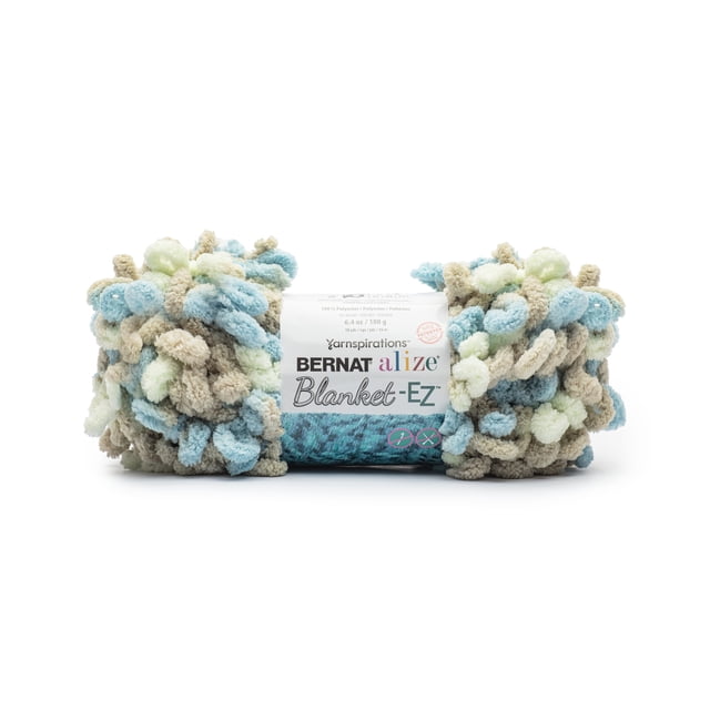 Bernat® Alize Blanket™ #7 Jumbo Polyester Yarn in Sprouts color, 6.4oz/180g 18 yards, featuring looped microfiber chenille yarn in blue, beige, and pale green, designed for easy finger knitting without needles or hooks, suitable for blankets and decorative projects.