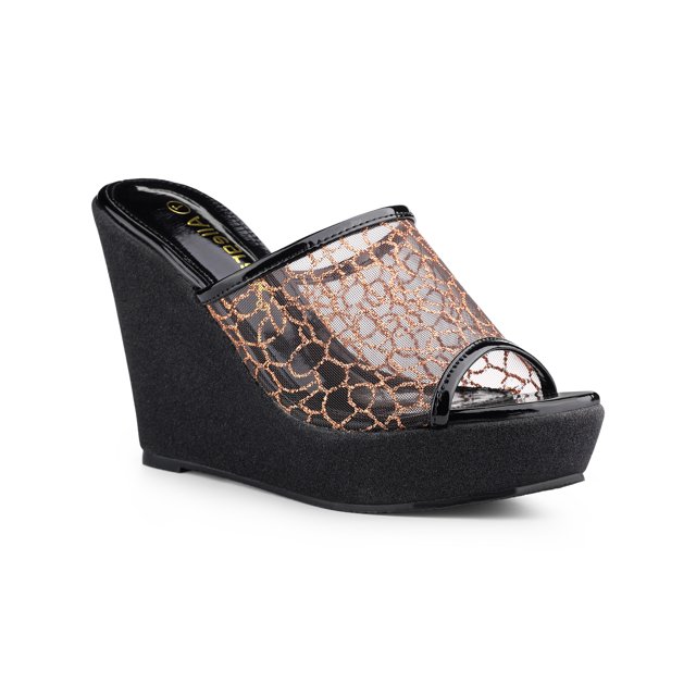 BLISSFUL STEP Sandales pour Femmes à Plateforme Compensée à Paillettes Sandales à Enfiler Noir Or 8,5