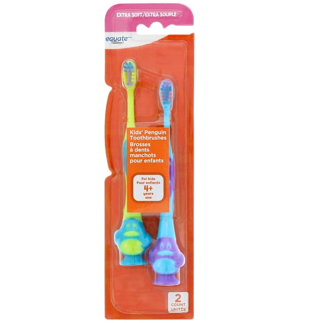Kids' Penguin Toothbrushes with two extra soft manual toothbrushes for kids aged 4 and up, featuring a yellow handle with blue penguin base and a blue handle with purple penguin base, both with rounded heads and non-slip grips for gentle cleaning.