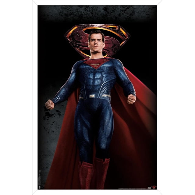 DC Comics Movie - Justice League - Superman Wall Poster, 22.375" x 34" depicting a front-facing Superman in a textured blue suit with a red and yellow 'S' emblem on the chest, red cape flowing behind, and red boots, set against a dark background with a large illuminated Superman shield symbol above.