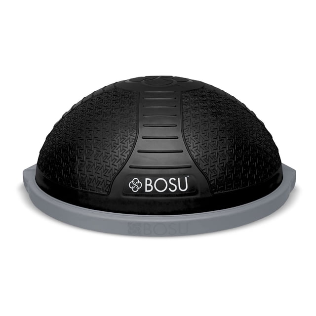 Bosu NEXGEN Balance Strength Trainer, a 26-inch black workout ball with a textured surface and gray rim, designed for home gym exercises. The durable, non-slip material supports up to 300 pounds and features four quadrants for improved posture and form. Ideal for strength, flexibility, and balance training, as well as rehabilitation and physical therapy. Includes a guided workout and inflation pump.
