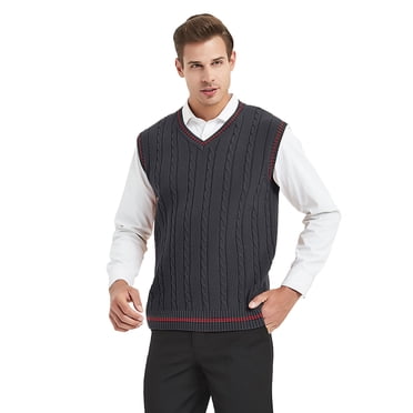 TOPTIE Chandail Sans Manches en Tricot 100 % Coton pour Homme, Col en V à Motif Torsadé