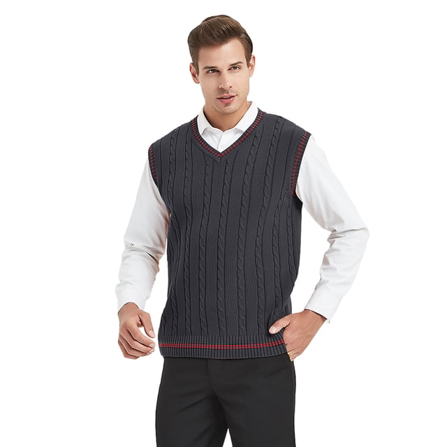 TOPTIE Men's 100% Cotton Knit Sweater Vest, V Neck Cable Pattern