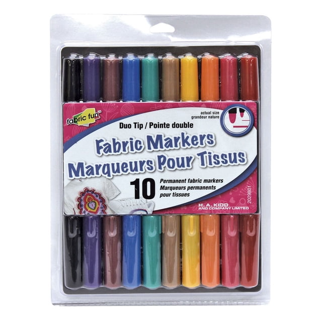 FABRIC FUN Fabric Markers set of 10 dual tip permanent fabric markers in primary colours including black, purple, brown, blue, green, tan, yellow, orange, red, and maroon, packaged in clear plastic with bilingual English and French label, ideal for colouring and decorating fabric projects in office and school supplies.