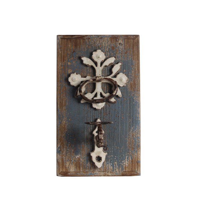 Distressed White Finish Cast Iron and Wood Wall Candle Holder