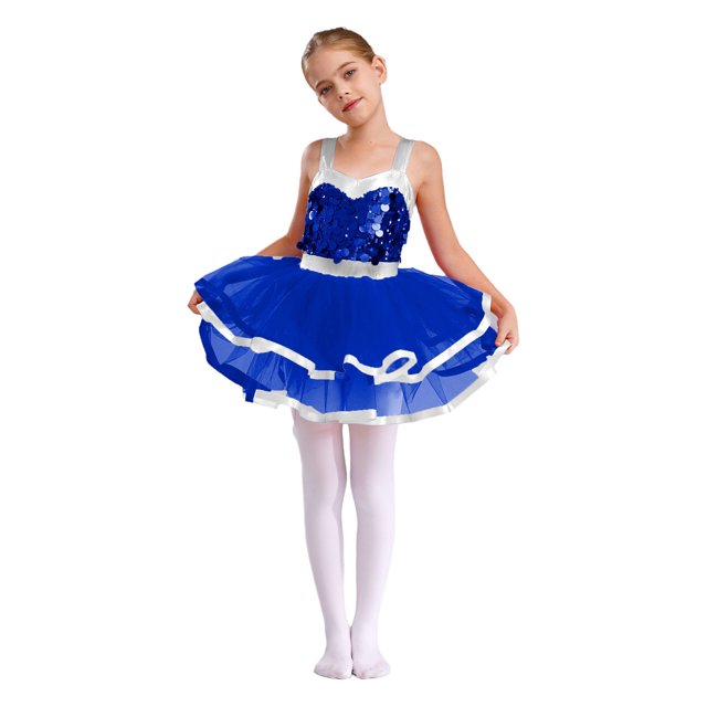 Hansber Robe Tutu de Danse pour Filles Enfants Paillettes Jazz Fête Robe de Danse Costume de Performance sur Scène Bleu 12