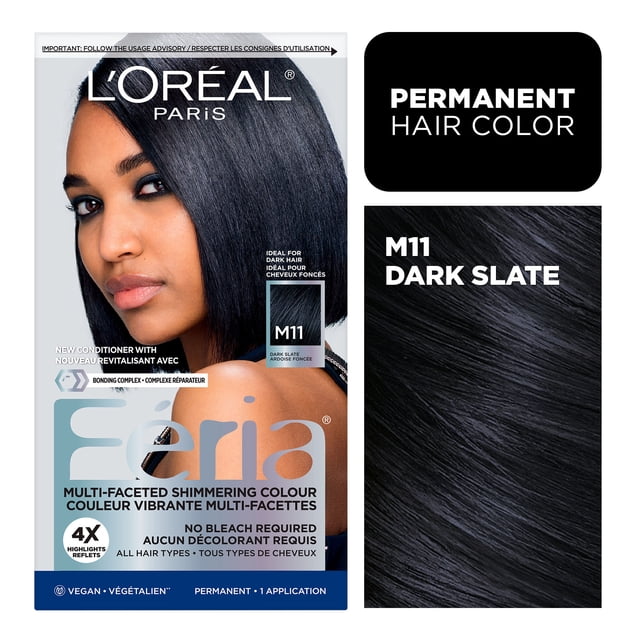 L'Oréal Paris Feria permanent hair dye in M11 Dark Slate shade, featuring multi-faceted shimmering colour ideal for dark hair, with bonding complex for hair repair, vegan formula, and no bleach required, shown with dark slate hair texture swatch.