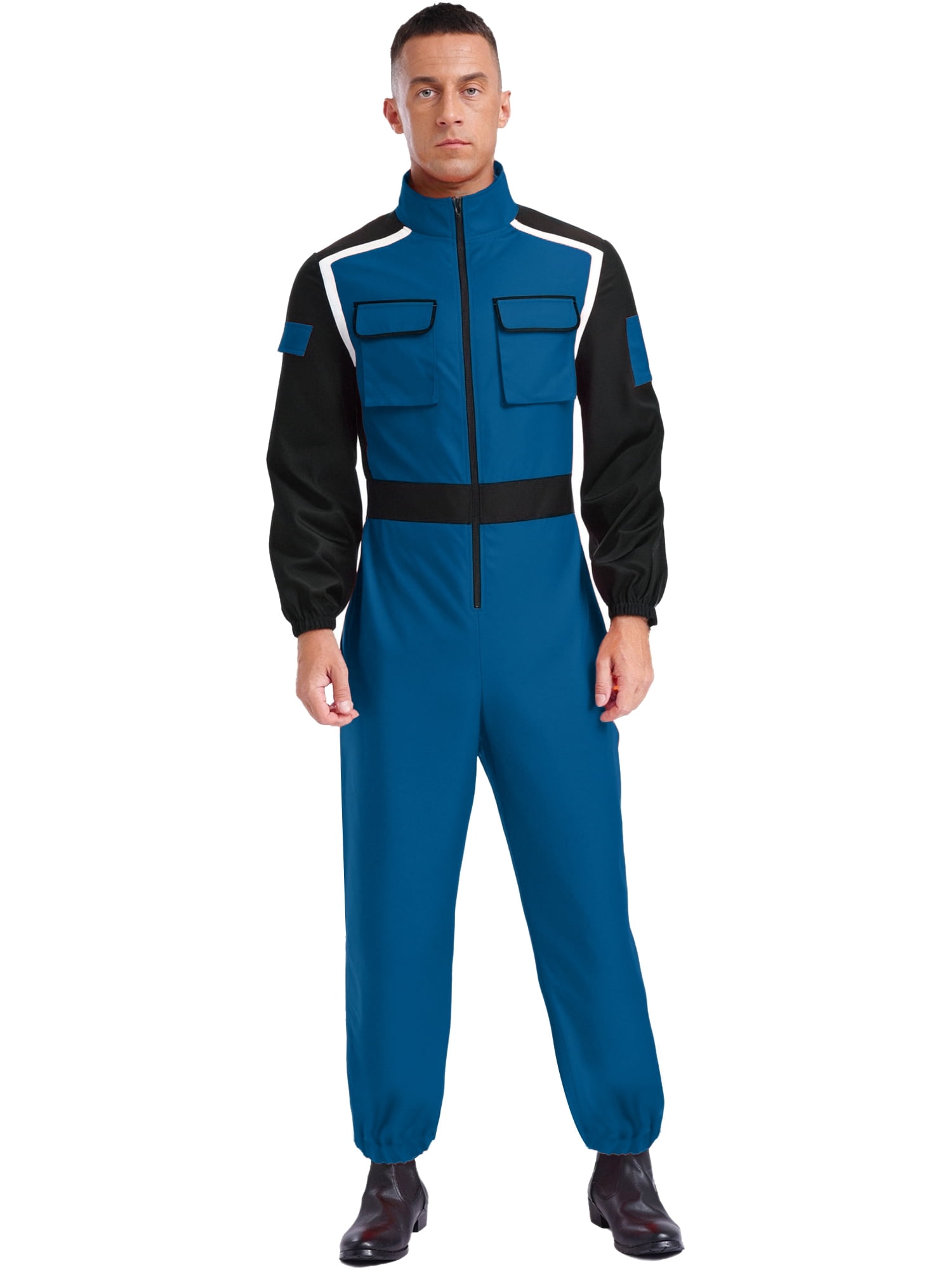 Eandarui Men Racer Jumpsuit Racing Car Driver Costume Long Sleeve Zipper Mechanic Coveralls with Pockets Navy Blue XL