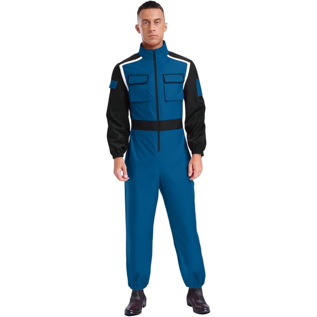 LiiYii Mens Long Sleeve Coverall Coverall With Zipper Pockets Fireman Mechanic Racing Uniform Navy Blue XL