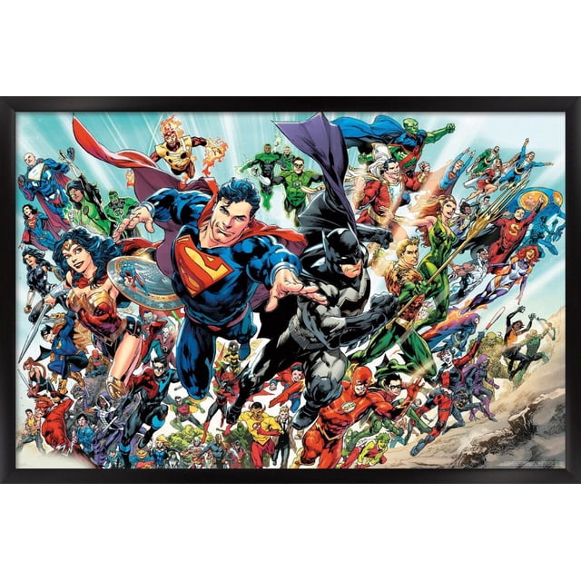 DC Comics - La Ligue des Justiciers Rebirth - Affiche Murale de Groupe, 14,725 Po x 22,375 Po Encadrée, Représentant un Groupe de Superhéros de la La Ligue des Justiciers au Style Comique Vif, Dont Superman, Batman, Wonder Woman, Aquaman, et le Éclat en Vol Dynamique et poses d'Action. l'Affiche Présente une Finition Satinée de Qualité Supérieure et un design Moderne, Idéale pour Décorer les Chambres, les Bureaux Ou les Dortoirs.