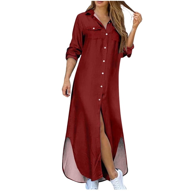CEHVOM Robe d'Été pour Femme, Couleur Unie, Décontractée, à Manches Longues, Col Rabattu, Robe Maxi Décontractée de Plage, Solde