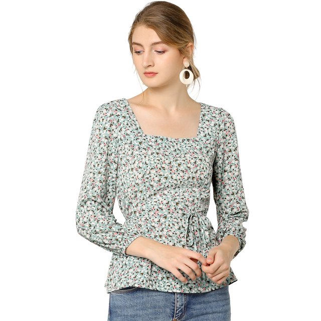 INSPIRE CHIC Blouse à Manches Longues à Encolure Carrée Florale pour Femmes avec Ceinture