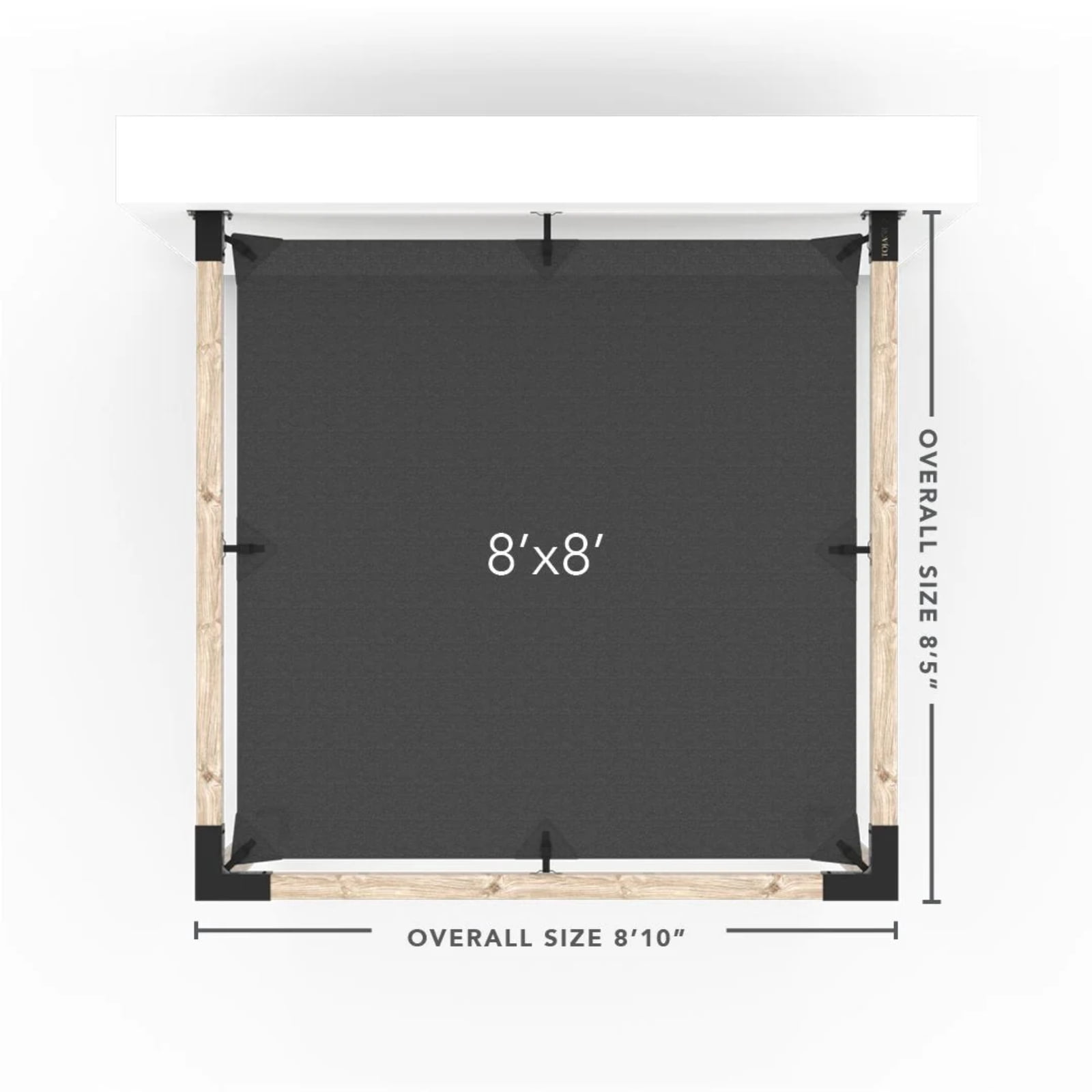 Kit de pergola murale Toja 8'x8' avec voile d’ombre en graphite pour poteaux en bois 4x4