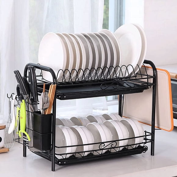 Dish Drainer 2-Layer Dish Drying Rack Drain Plate Rack with Drip Tray Kitchen Multi-Purpose Metal Dish Rack Storage Rack with Cutlery Rack