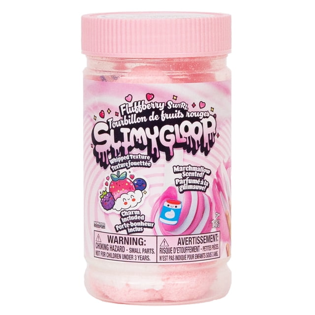 SLIMYGLOOP Fluffberry Swirl pre-made slime jar with pink and white whipped texture, strawberry scent, and hidden rubber marshmallow fluff charm, packaged in a resealable jar for sensory play and stress relief.